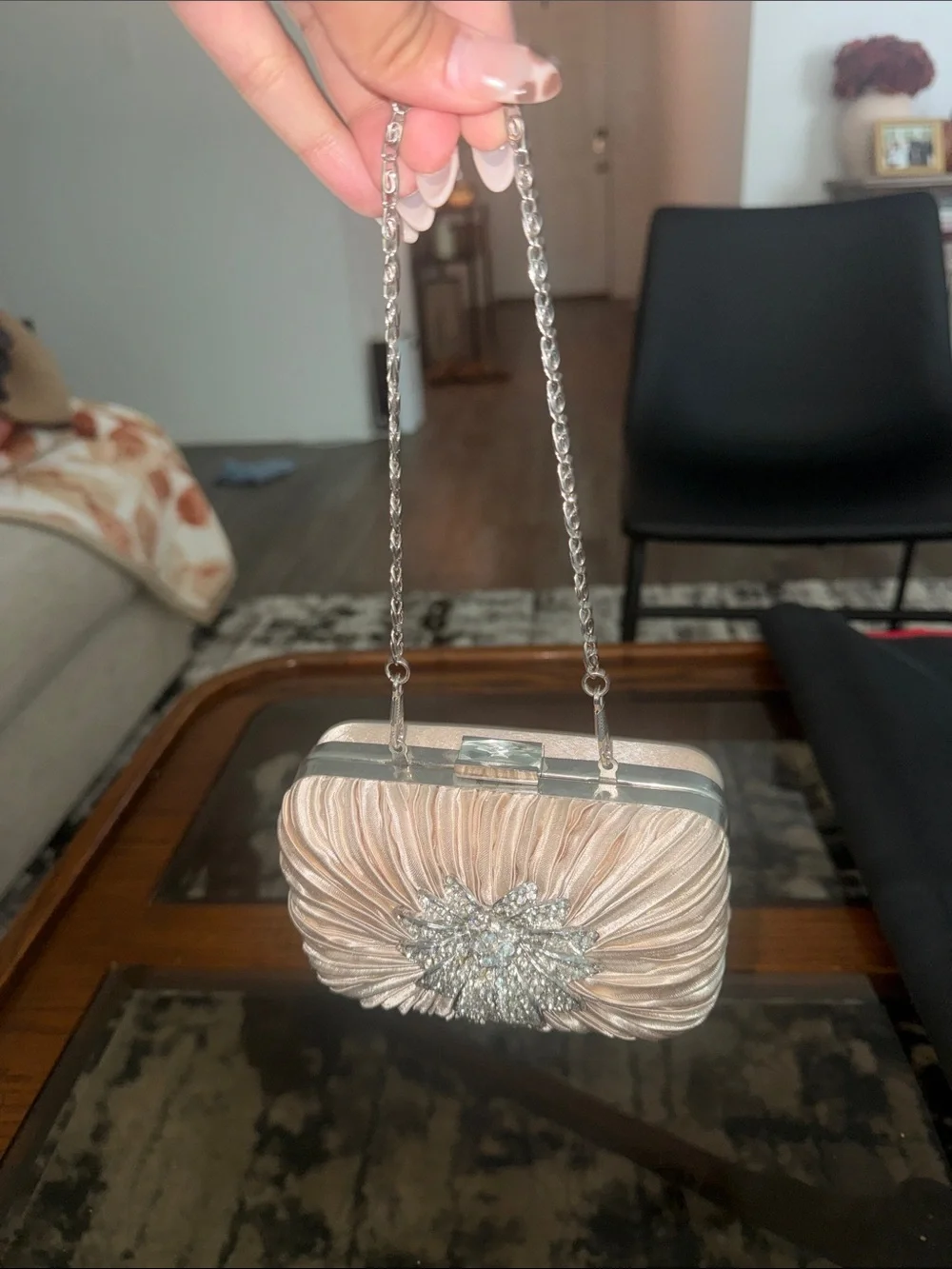 Charming Charlie Champagne Satin Crystal Flower Evening Clutch